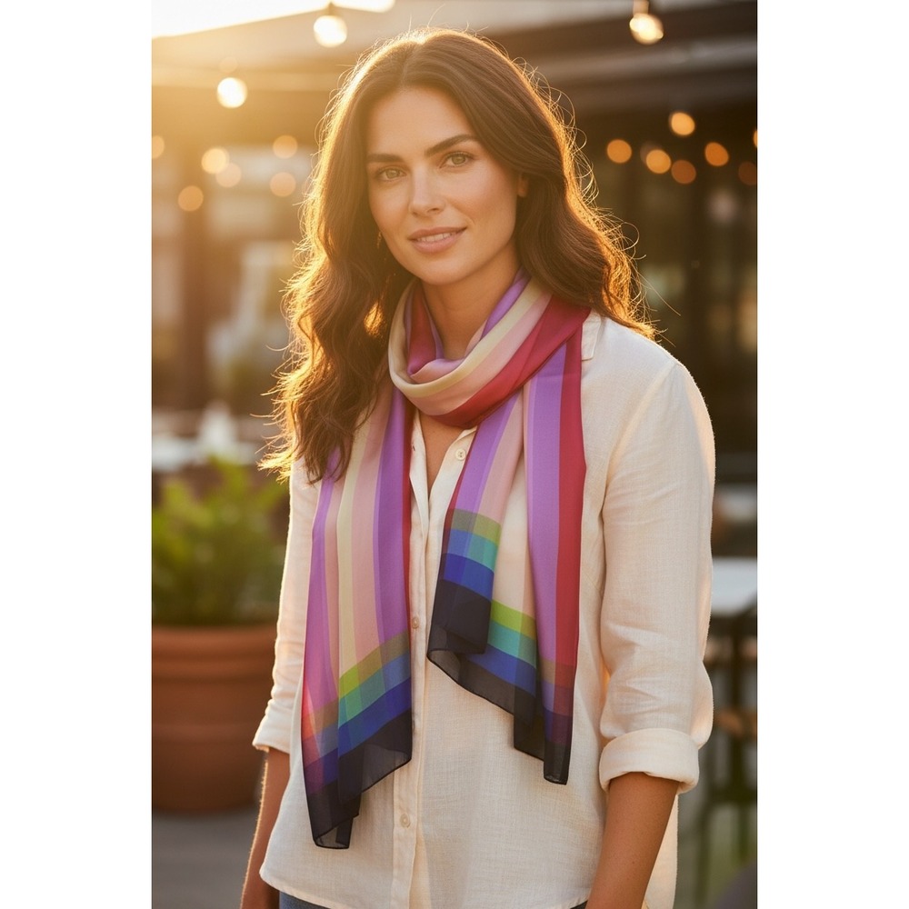 Bill Blass Scarf Women Multicolor Rainbow Stripe Vintage Silk MidCentury Graphic